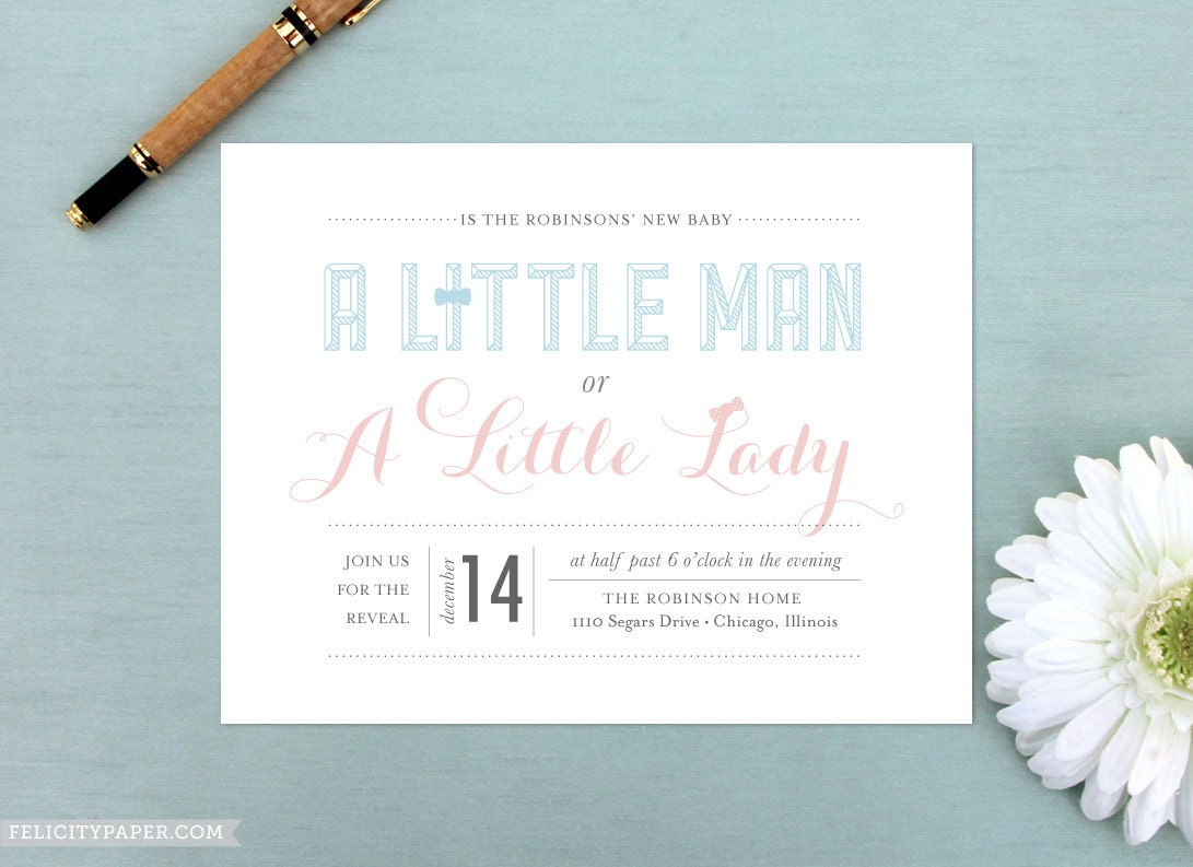 Baby Gender Reveal Party Invitations - Little Man or Little Lady Blue and Pink Invitations - Set of 12 Custom Invites