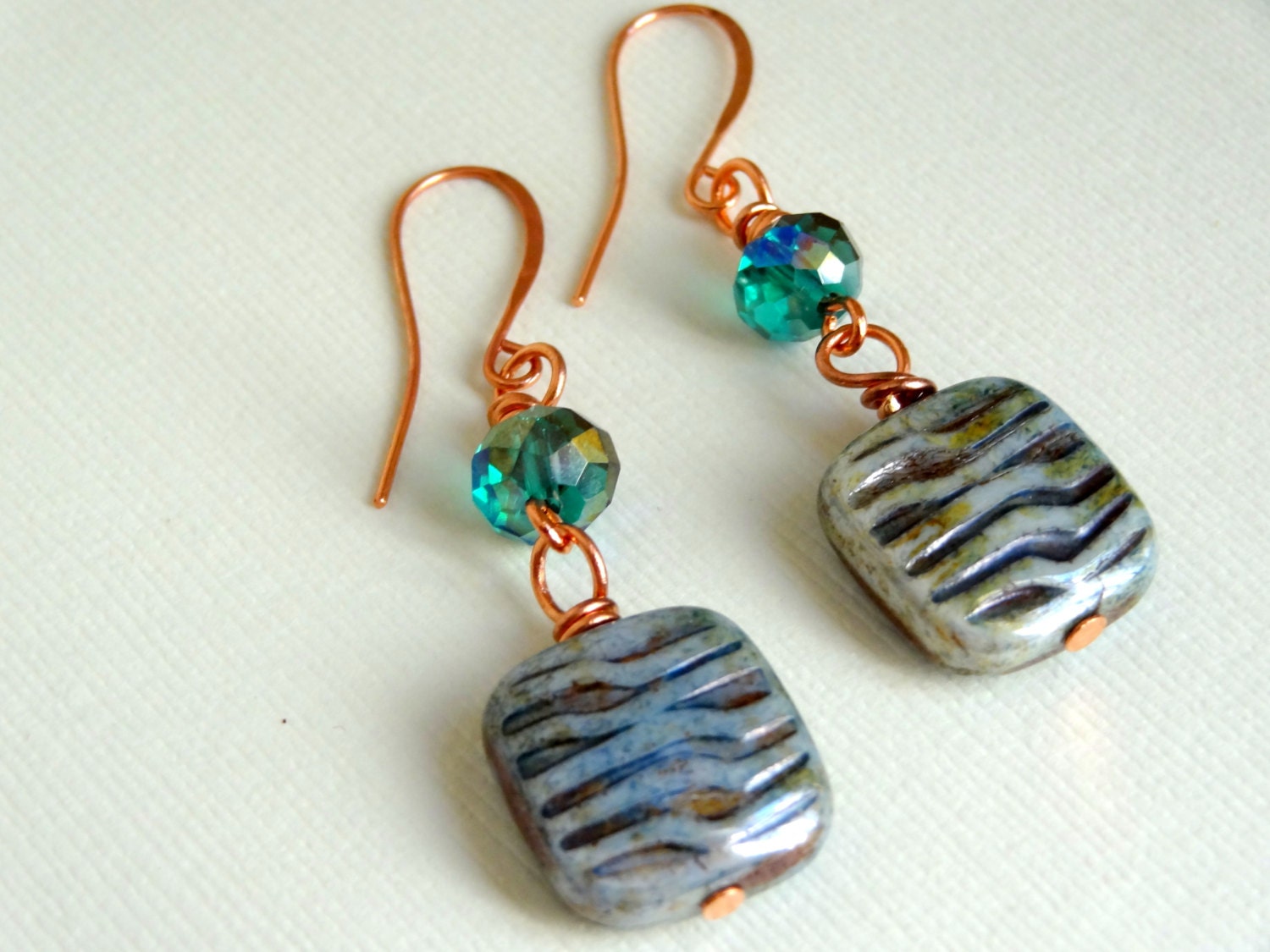 Copper and Turquoise Ceramic Beaded Earrings Emerald Crystal Fire Copper Glass Earrings Square Beads Wire Wrapped