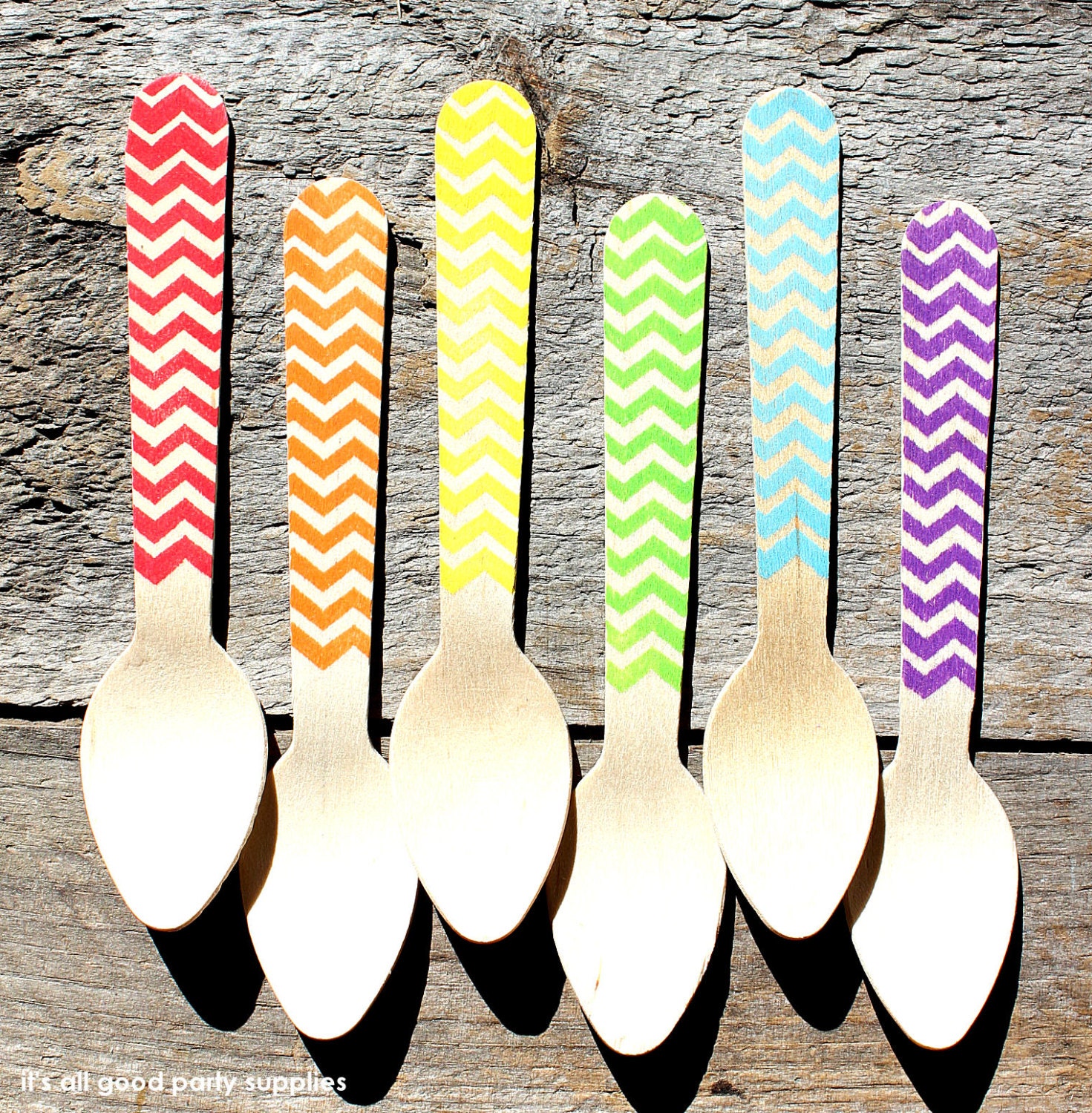 Small Wooden Spoons in BOYS Rainbow Chevron - Eco-friendly Cupcake Spoons, Ice Cream Spoons (set of 36)