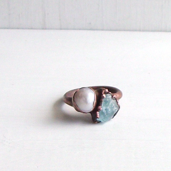 Aquamarine Ring Pearl Ring Gemstone Ring Birthstone Ring Pale Blue Cream June March Birthstone Artisan Handmade