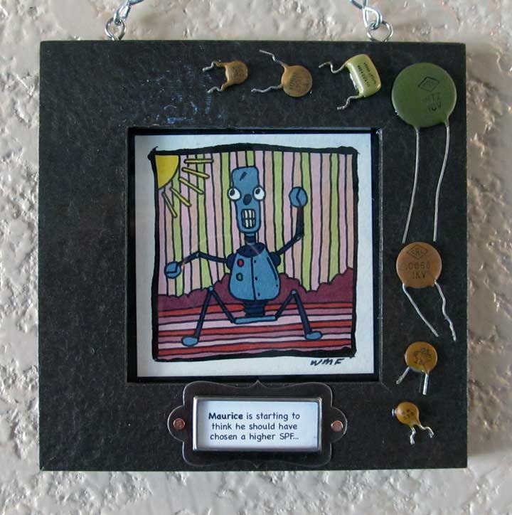 Tiny Robot Maurice. 3.5"X3.5" Original Signed Drawing. Ink on Watercolor Paper with Custom Frame.