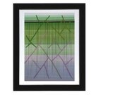 Mixed Media, Original hand embroidery over  abstract generative art  print,  Stitched Lines Green1,  8x 10 inch cotton rag paper