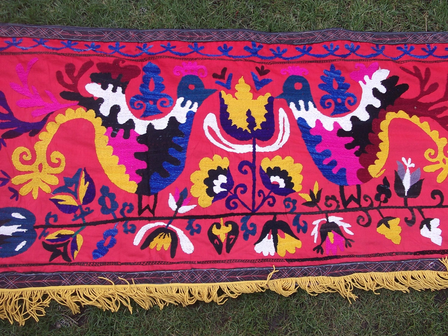 Long Exotic  Birds hand embroidered Zardevor Suzani from Uzbekistan. Wall hanging.