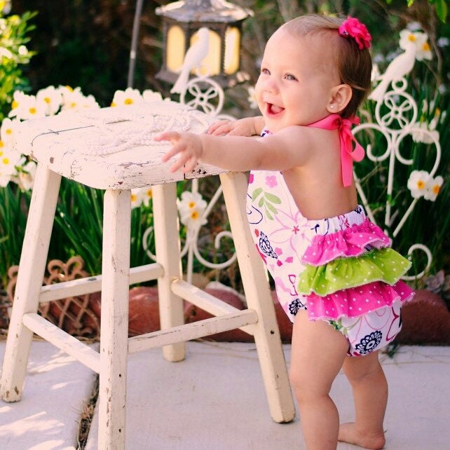 Ruffled Butt Romper Halter Sunsuit - Summer Blooms- Baby Toddler Girl - Ruffle Bottom Booty- Perfect for Spring Summer - Pink Lime White