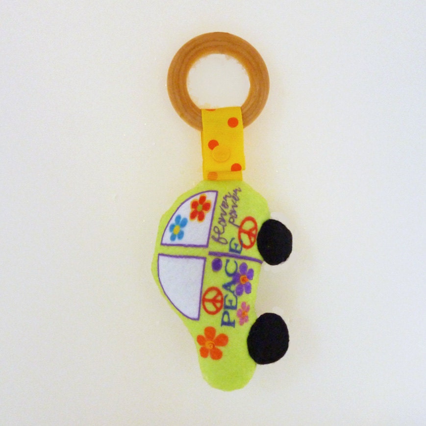 Wooden Teething Ring Car Hippie Plush