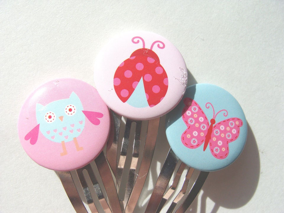 Romantic Hair Clips Set of 3  Owl Butterfly Ladybug  Blue Pink Red White 