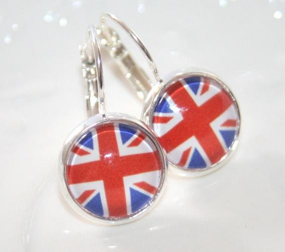 British Flag Earrings, Union Jack Earrings, Glass dome and Silver lever back Earrings, Great Britain Jewelry, Flag -Etsy gift