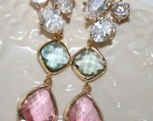 Pink Aqua & Rhinestone Teardrop Statement Gold Earrings, Aquamarine and Pink dazzling Wedding Cubic Zirconia Rhinestone Luxury Earrings