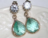 Statement Rhinestone & Hiddenite Green Pear drop Earrings, Wedding Bridal Jewelry, Cubic Zirconia Aqua Spring Green Crystal Gold Earrings