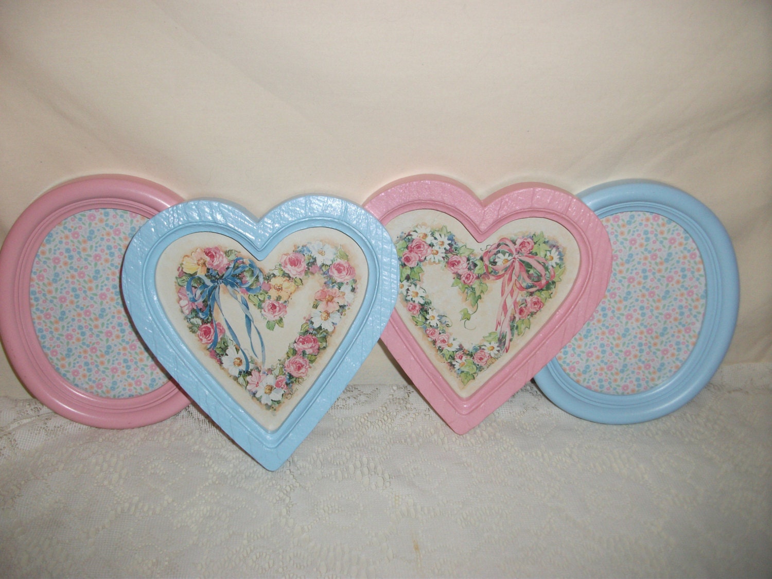 Set of Pink and Blue Heart and Oval Vintage Frames Baby Girl Baby Boy twins