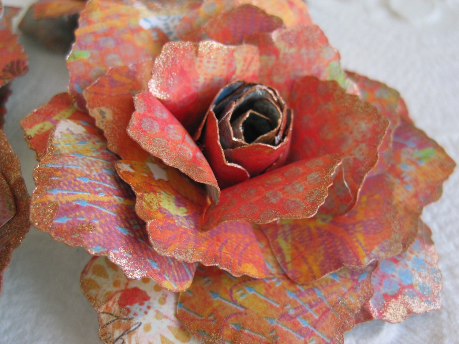 Oranges, Reds  and Yellow - Patterned Paper Roses - Set of 7