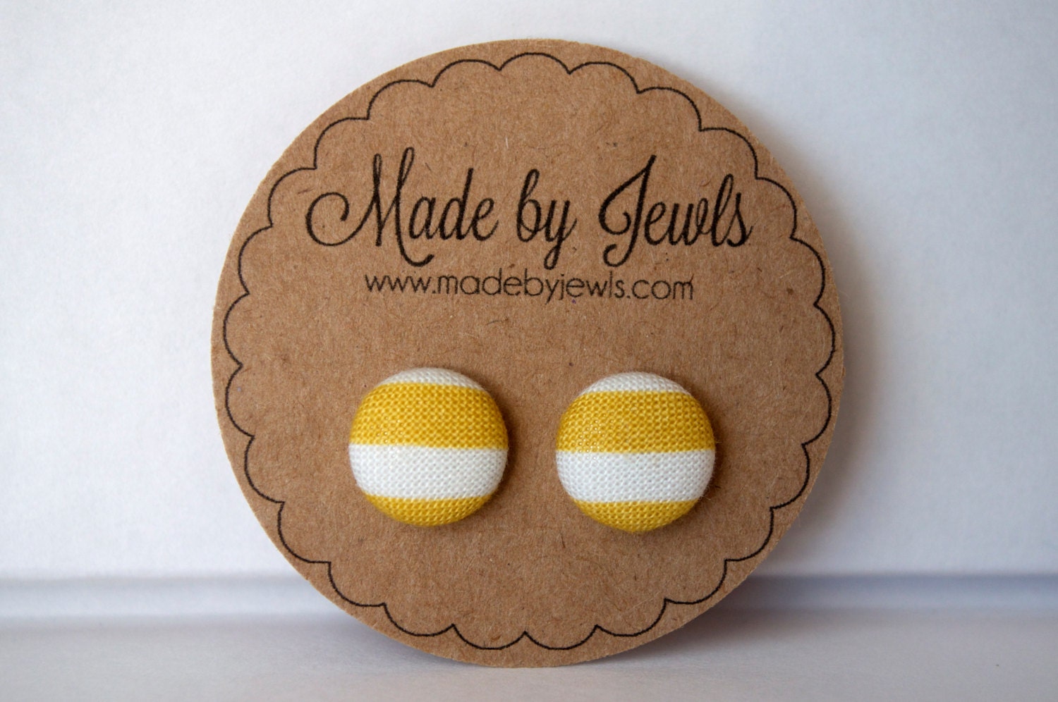 Mustard Stripe Fabric Covered Button Earrings