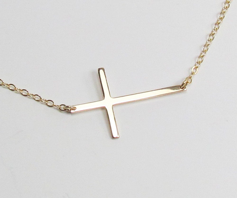 Gold Sideways Cross Necklace, Skinny, Kelly Ripa and Selena Gomez, Gold Filled, Celebrity Inspired