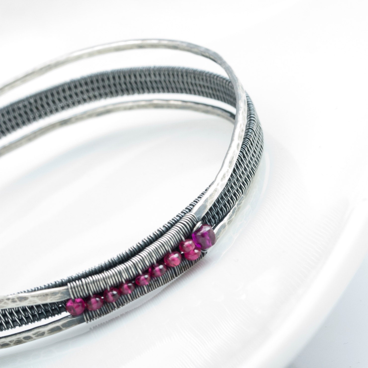 Woven Orbit Bracelet- Argentium Silver Bracelet, Red Spinel and Ruby Bracelet