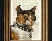 Lucipurr the Black Metal Kitty Goth Cat Calico with Pentagram illustration beautifully upcycled dictionary page book art print