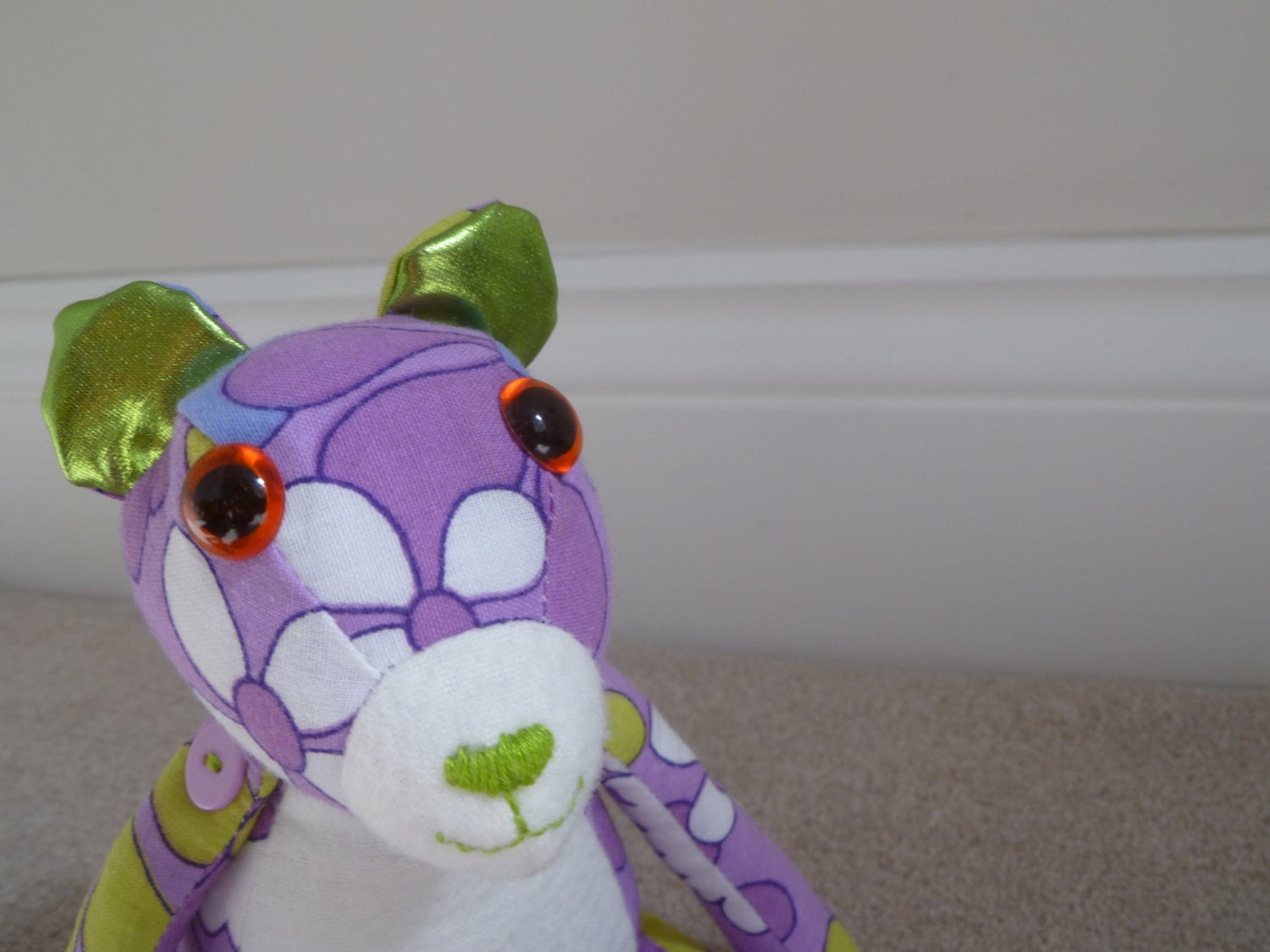 Purple, lime and cream vintage fabric teddy bear