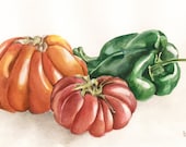 still life, watercolor painting, tomatoes and peppers, kitchen art