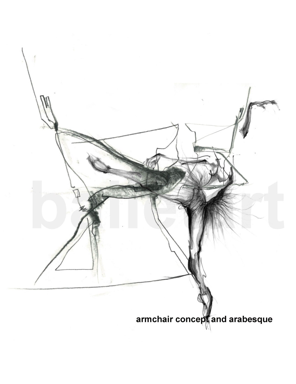 ballet and armchair hand drawing composition