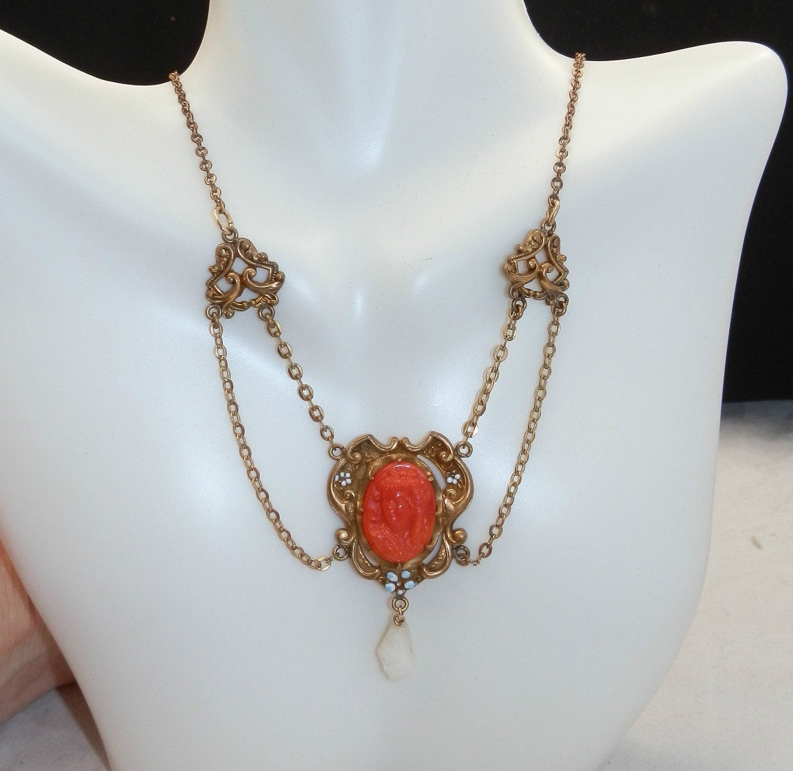 Lovely Art Nouveau Coral Glass Cameo Enamel Ornate Brass Gold Fill Vintage Necklace