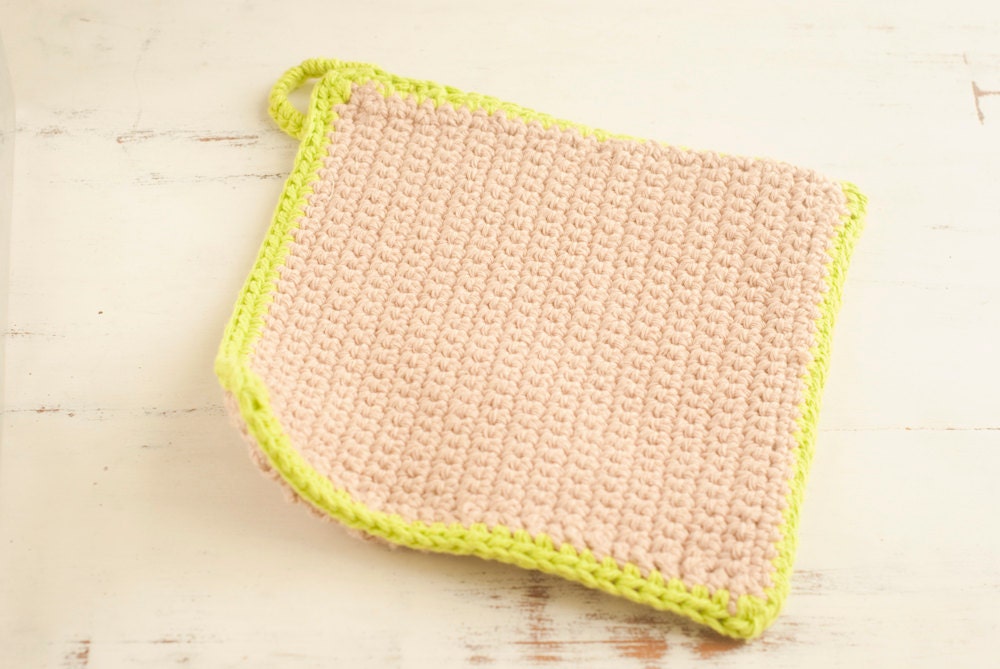 Crochet pot holder, square hot pad, pale coffee