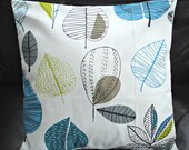 Pillow teal blue lime green gray grey maple skeleton leaf design cushion shams UK designer fabric 16 x 16 inch