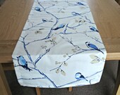 Table runner birds blue tree wood  branches 18 inch wide length  77 inches long also red green purple available