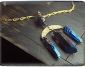Heaven and Earth. Mystic Cobalt Blue Titanium coated Blue crsytal, blue sapphire and crescent moon rustic tribal necklace.