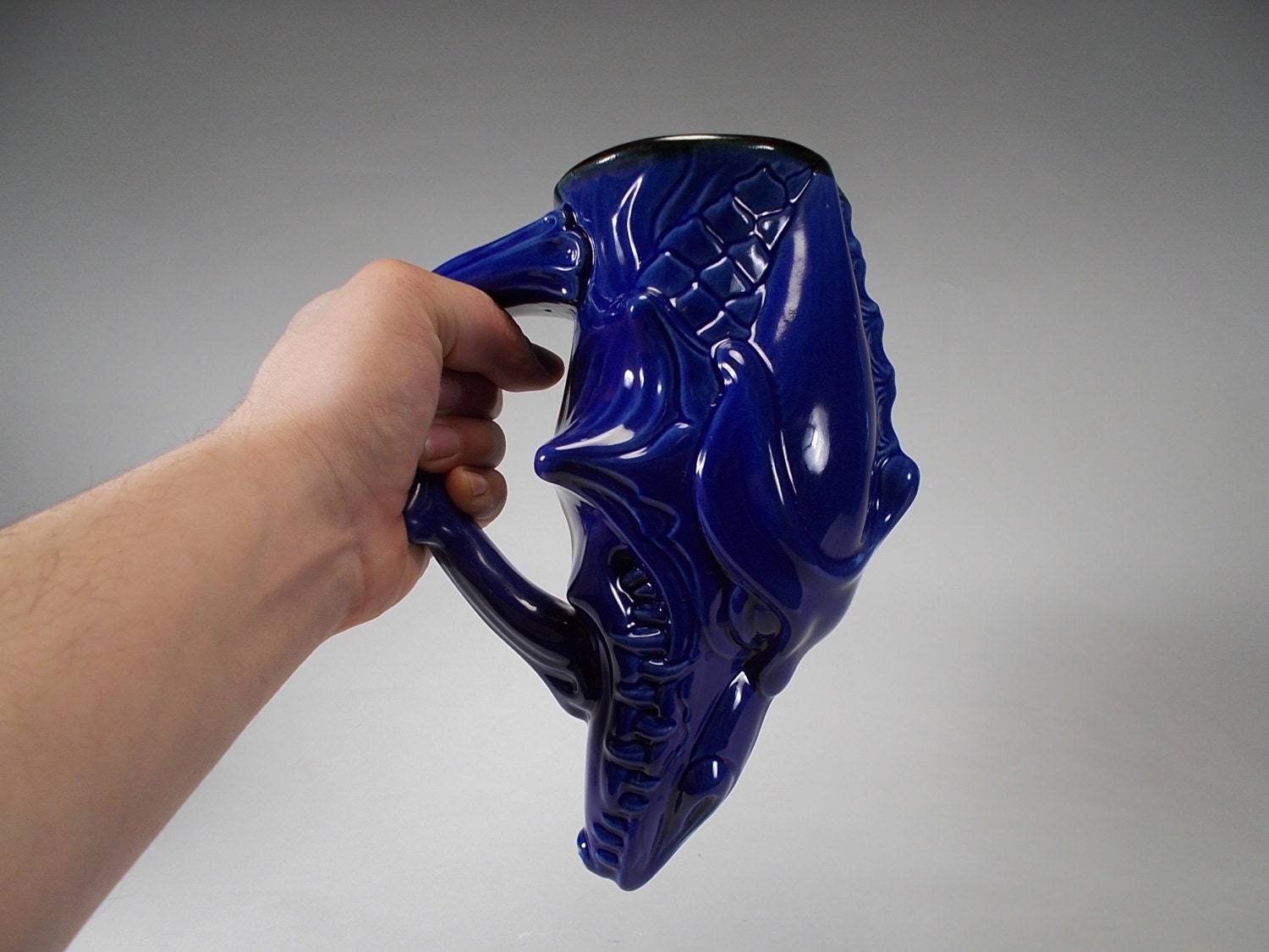 Dragon head drinking horn beer mug -- new blue glaze -- for gift, wedding, parties, celebrations