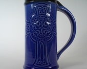 Beer Mug with Celtic Knot Work Cross Design - Royal Blue - Stoneware Pottery