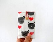Black Cat with red hearts Fabric iPhone Case,  padded phone sleeve