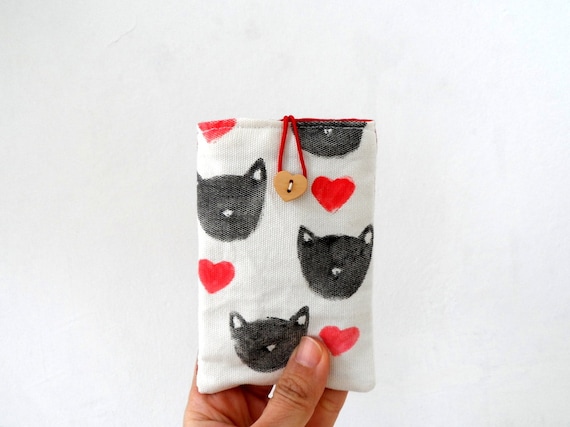 Black Cat with red hearts Fabric iPhone Case,  padded phone sleeve