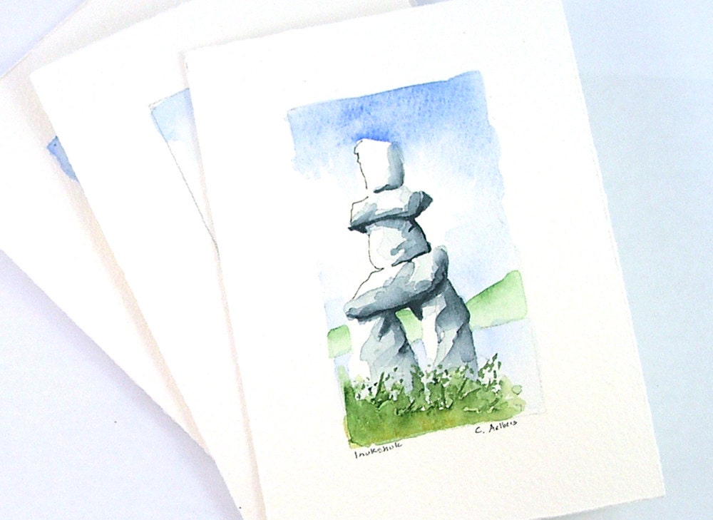 Landscape Watercolor Inukshuk Original Fine Art Card