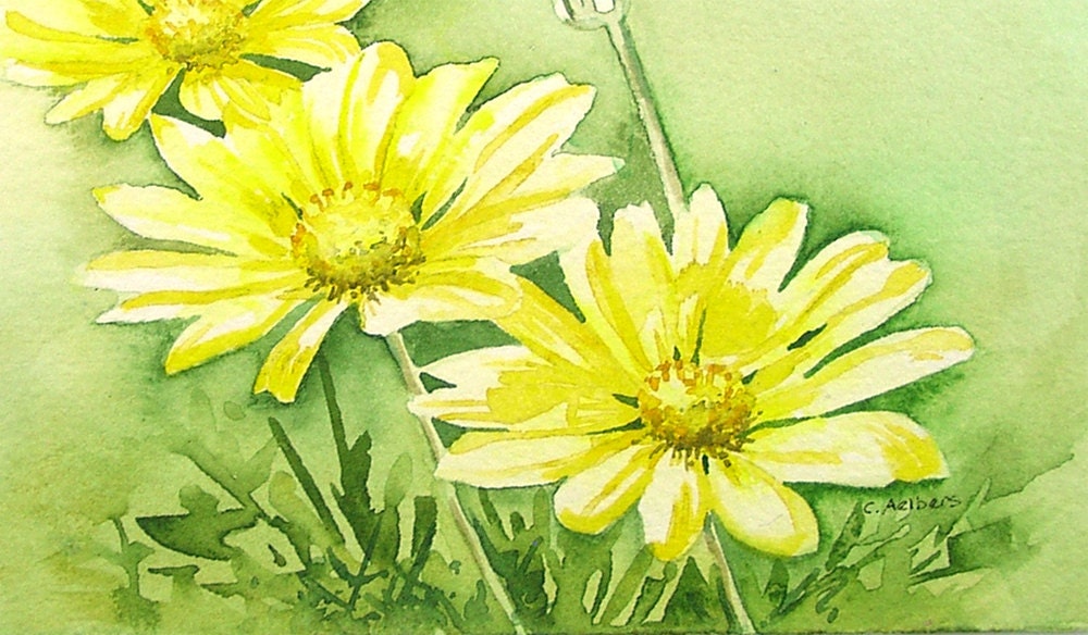 Flower Art For Sale - Three Yellow Daisies Original Watercolor