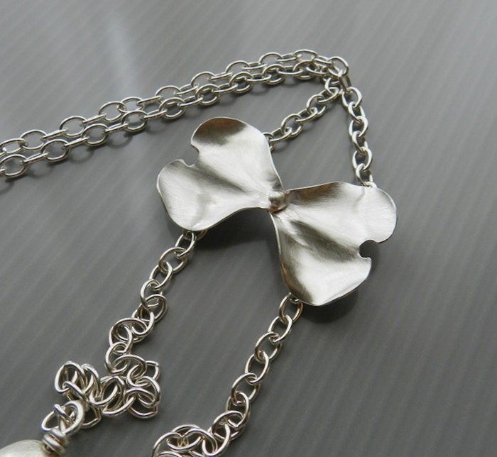 Silver Moth Wings.  Long Silver Chain Necklace.  Sterling Silver Bridal Jewelry.  Mixed Metal Necklace