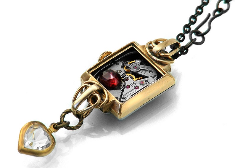 Steampunk Necklace, Garnet and Vintage Rolled Gold Watch - Black Chain Necklace