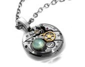 Steampunk Necklace, Aqua Chalcedony & Vintage Watch Mechanism - Long Chain Necklace
