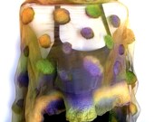 Nuno Felted Scarf, Ruffled Wavy, Sand Moss Green Indigo, Silk Merino Wool Cashmere Felted Wrap