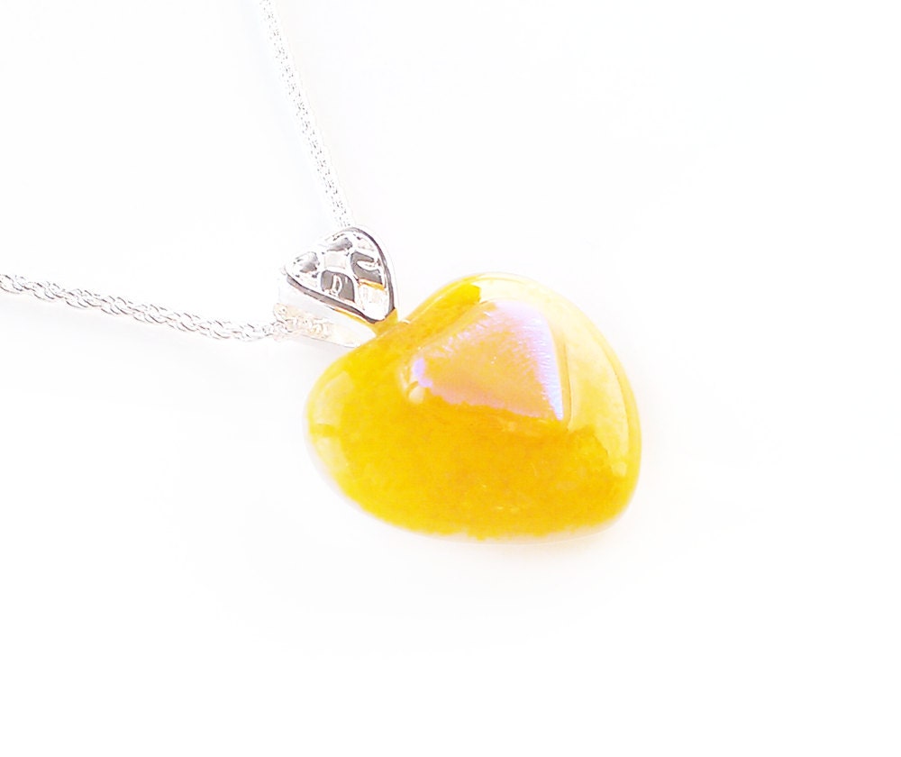 Yellow Double Heart Shaped Pendant Necklace, Heart Bail, Statement Necklace, Dichroic Fused Glass Jewelry