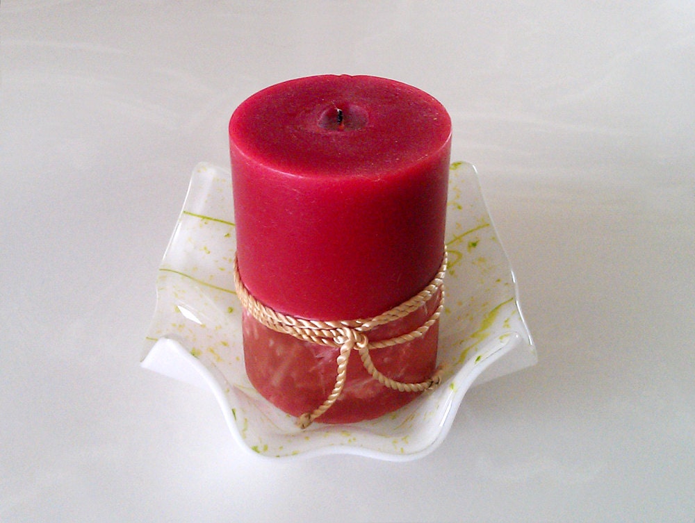Candle Holder, Vessel, White and Green, Geometric, Home Decor, Fused Glass