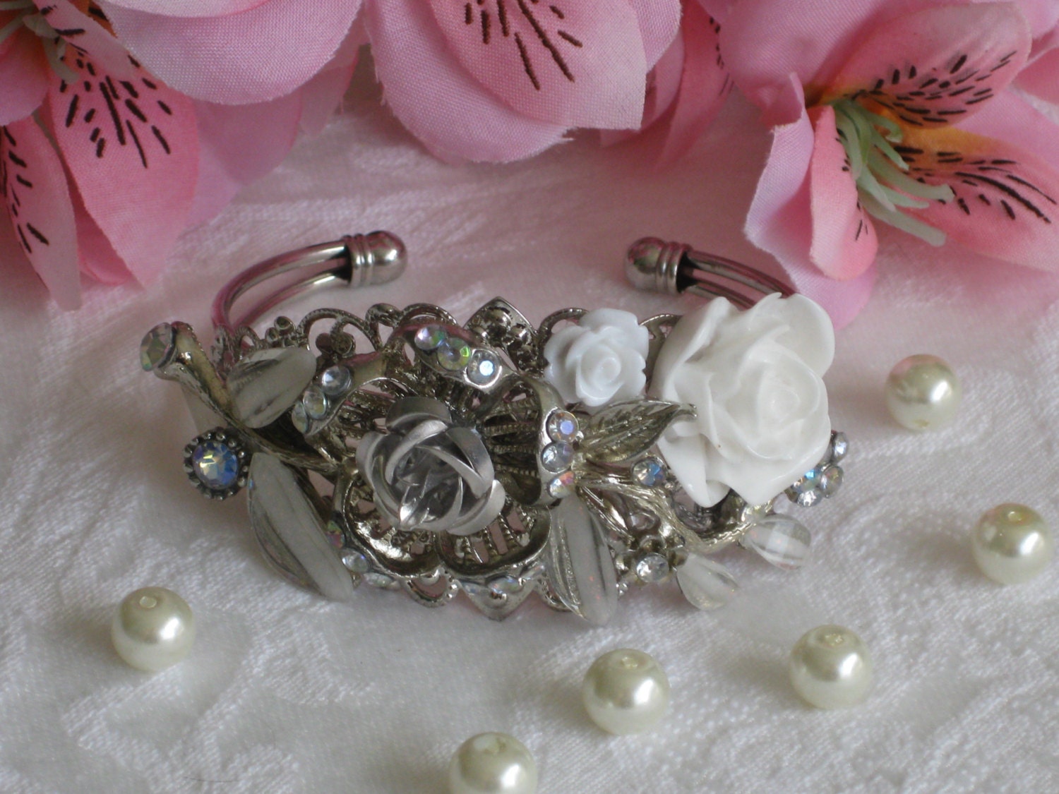 Bridal Bracelet, Rose, Flower Bracelet, Wedding Jewelry, Silver Cuff, Filigree Bracelet, Cuff Bracelet, Shaby Chic, Upcycled Jewelry, OOAK