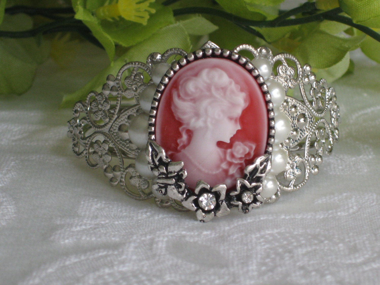 Cameo Bracelet, Red, Cameo, Silver Cuff, Silver Bracelet, Chunky, Bracelet Cuff, Chunky Bracelet, Silver, Victorian