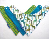 Baby Boy Bibs- 3 Baby Bandana Bibs - Michael Miller Giraffe Garden