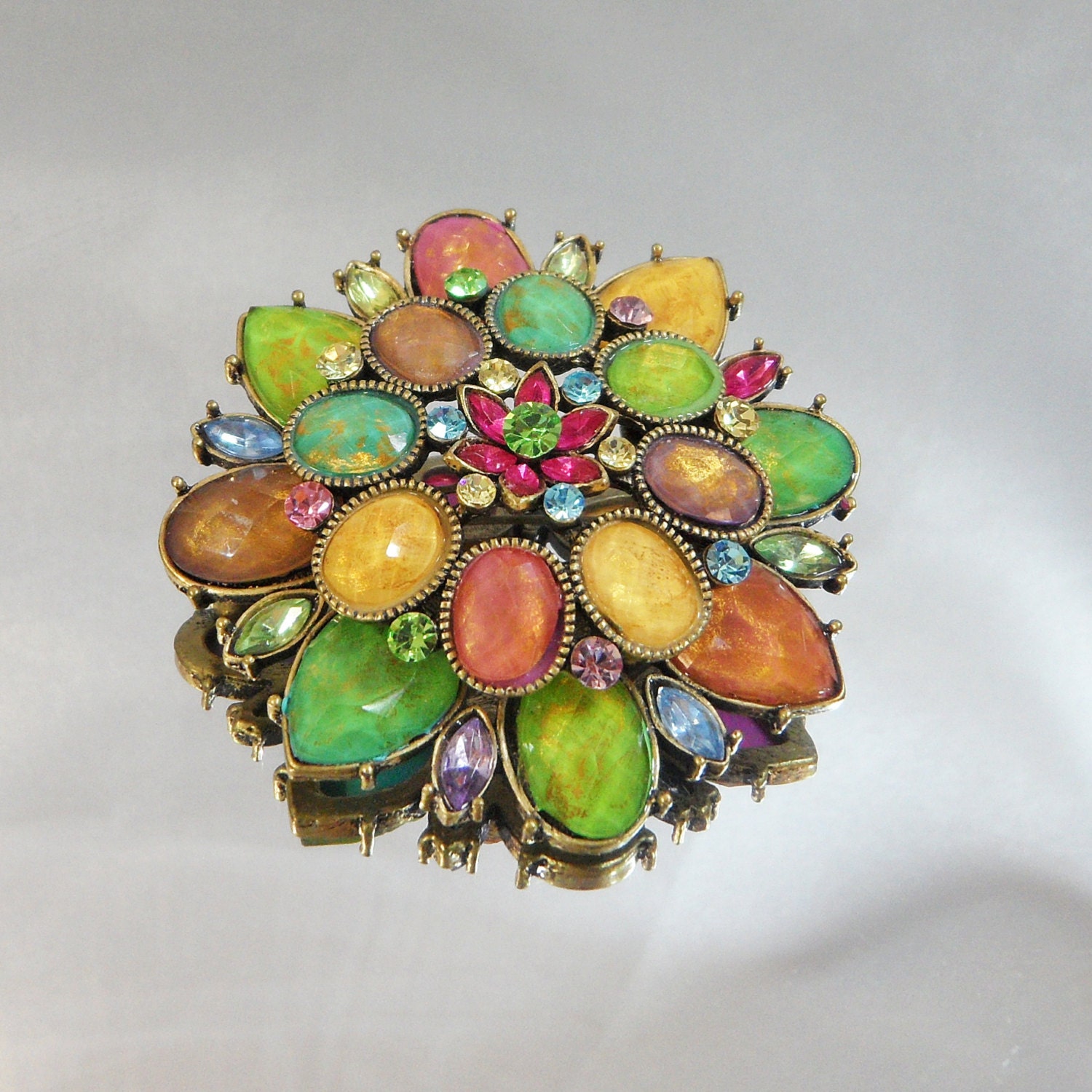 Vintage Rhinestone Brooch.  Large. Fruit Salad Style. Green, Yellow, Orange, Pink, Purple Pin.