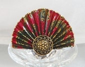 Vintage Fan Brooch. Asian Deep Red, Green and Gold. Fabric Lacquer.