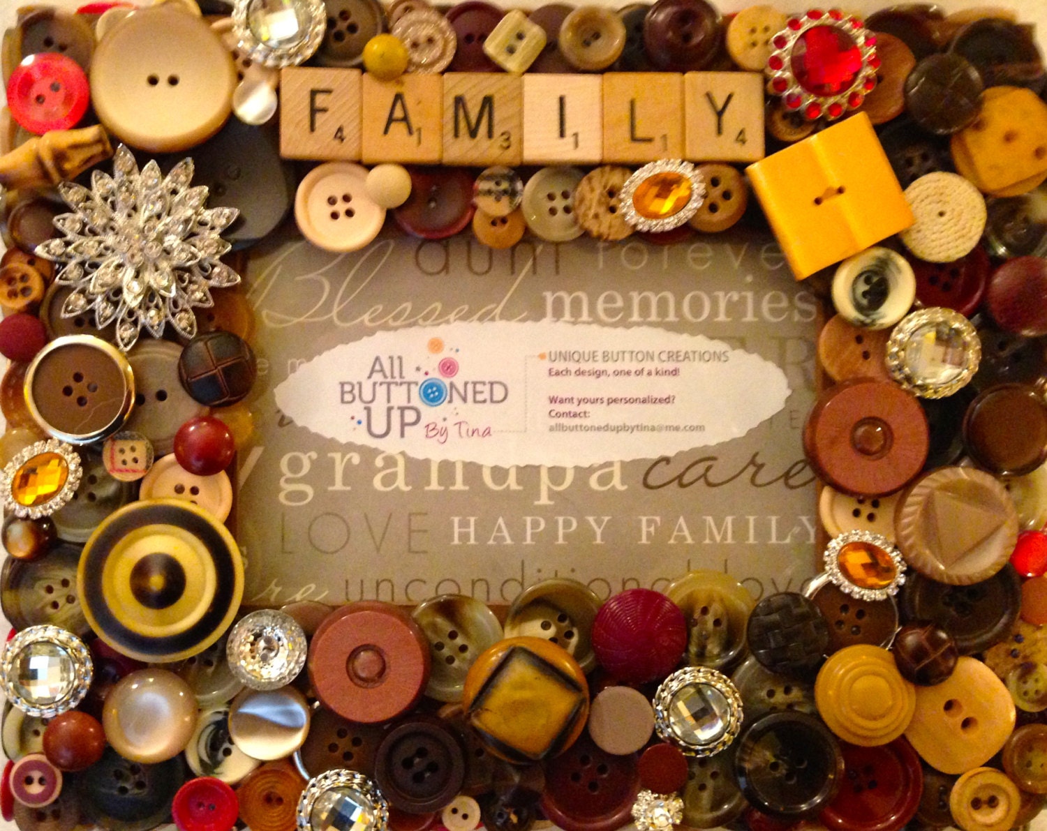 Family Themed Button Picture Frame in Brown, Maroon and Amber for 4"x6" photo