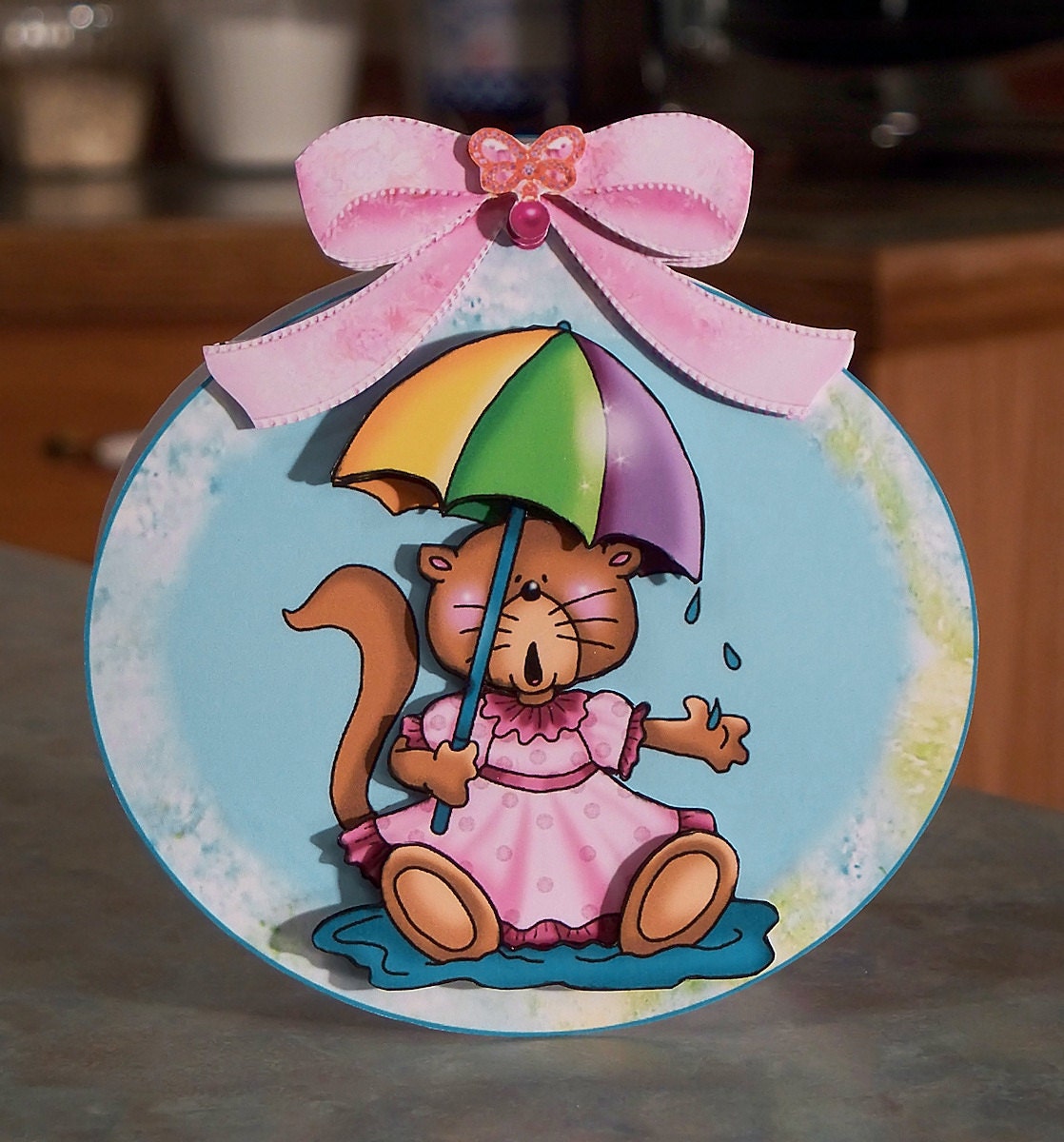 Decoupage Kitty Cat in a Puddle - Hand Cut Round Shape Card