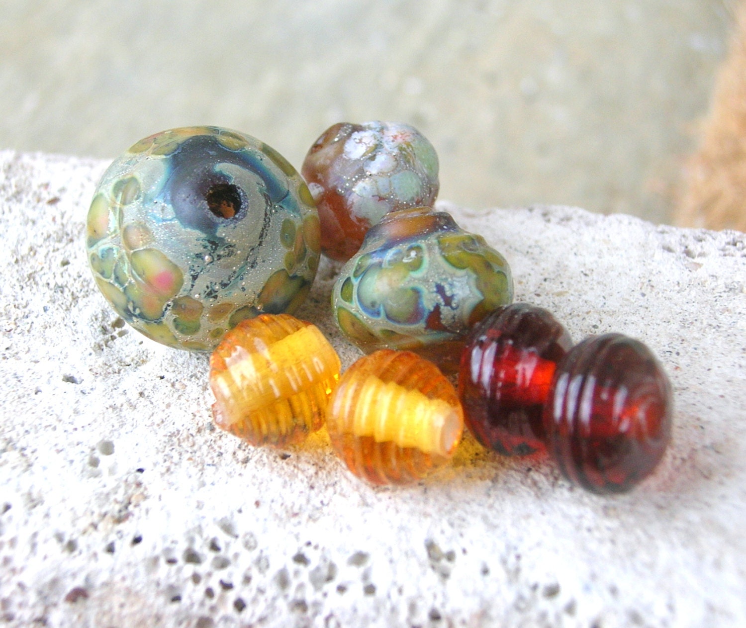 Lampwork Bead Set Baroque and Ribbed Beads in Spring Colors Handmade Jewelry Supplies