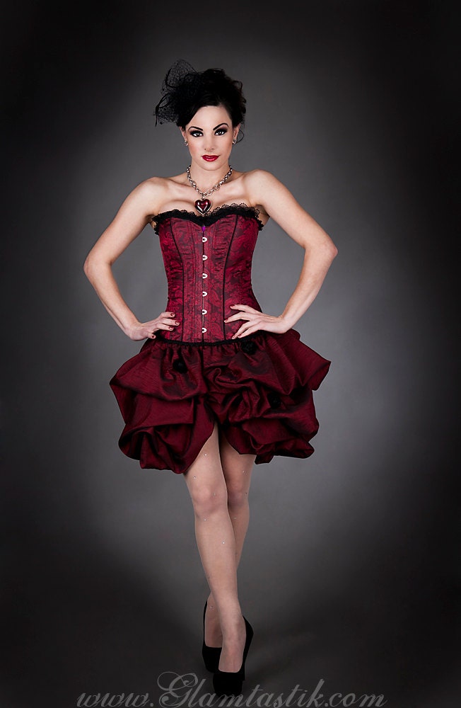 Size Large black and Red Iridescent taffeda burlesque corset dress Ready to Ship