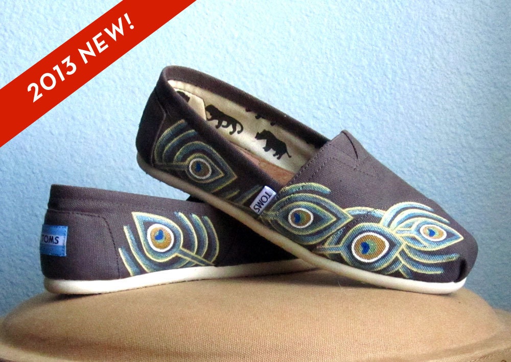 Colorful Indian Peacock Feather Pattern Hand painted Art Design Toms Canvas Custom Shoes or Ready to Ship Size 8
