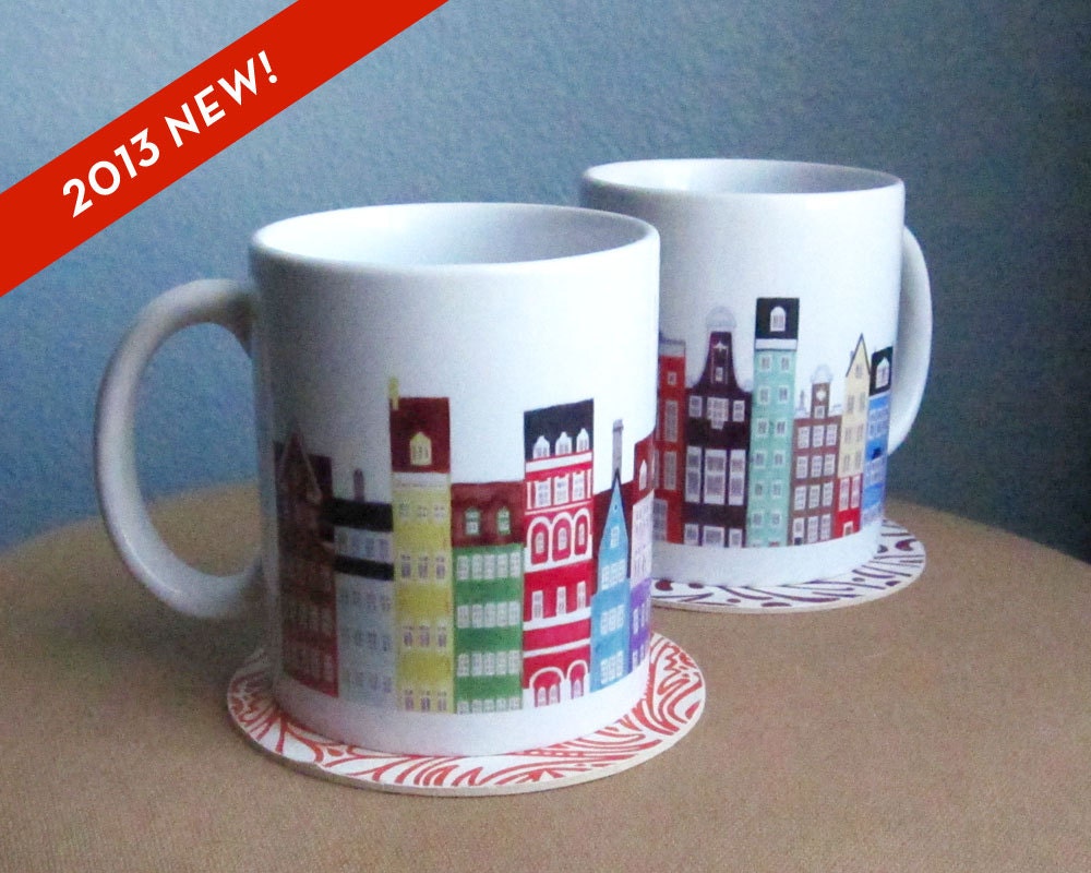 Colorful Scandinavian Buildings Anna See Exclusive Art Ceramic Mug 11 oz Coffee Cup Set of Two